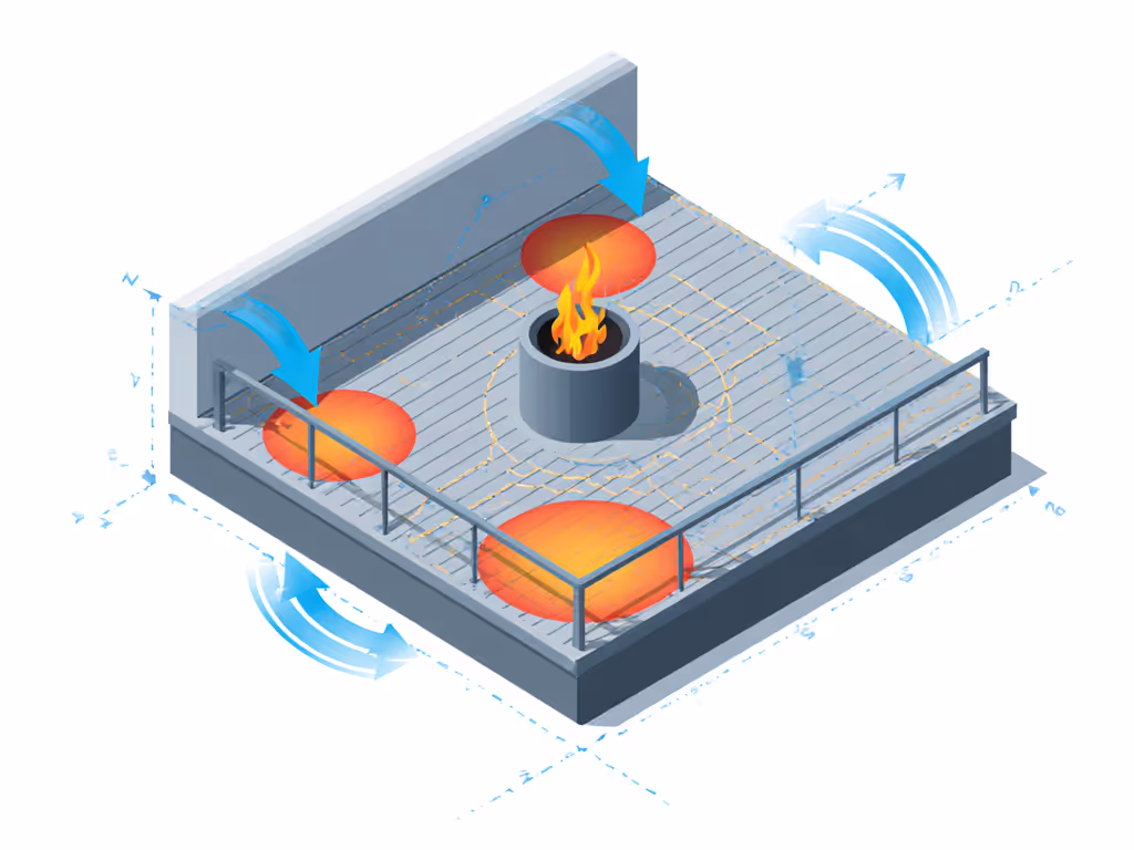 Small-space fire pit placement diagram showing wind deflection and heat flow on compact decks
