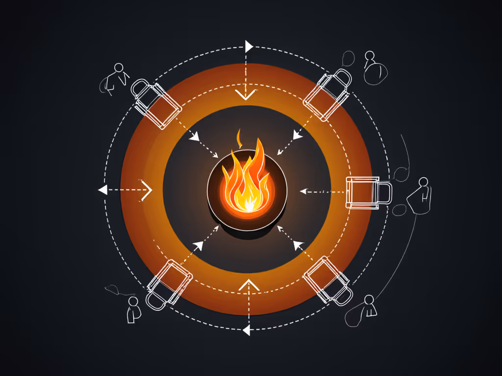 Thermal comfort zones around a fire pit showing ideal seating distances for shoulder vs. leg warmth with wind flow indicators