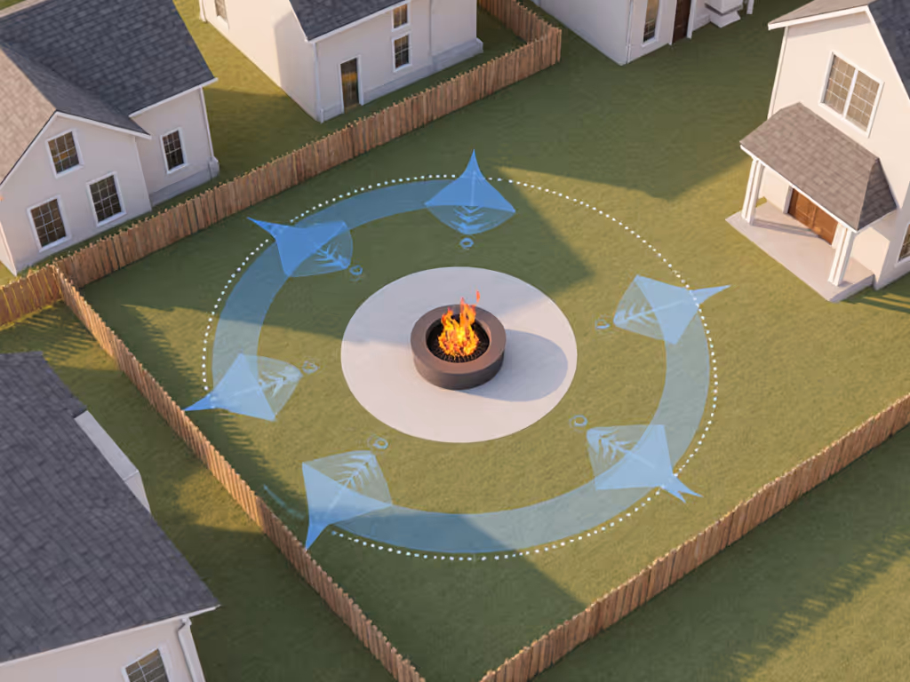 neighbor-friendly fire pit placement showing wind direction and neighbor boundaries